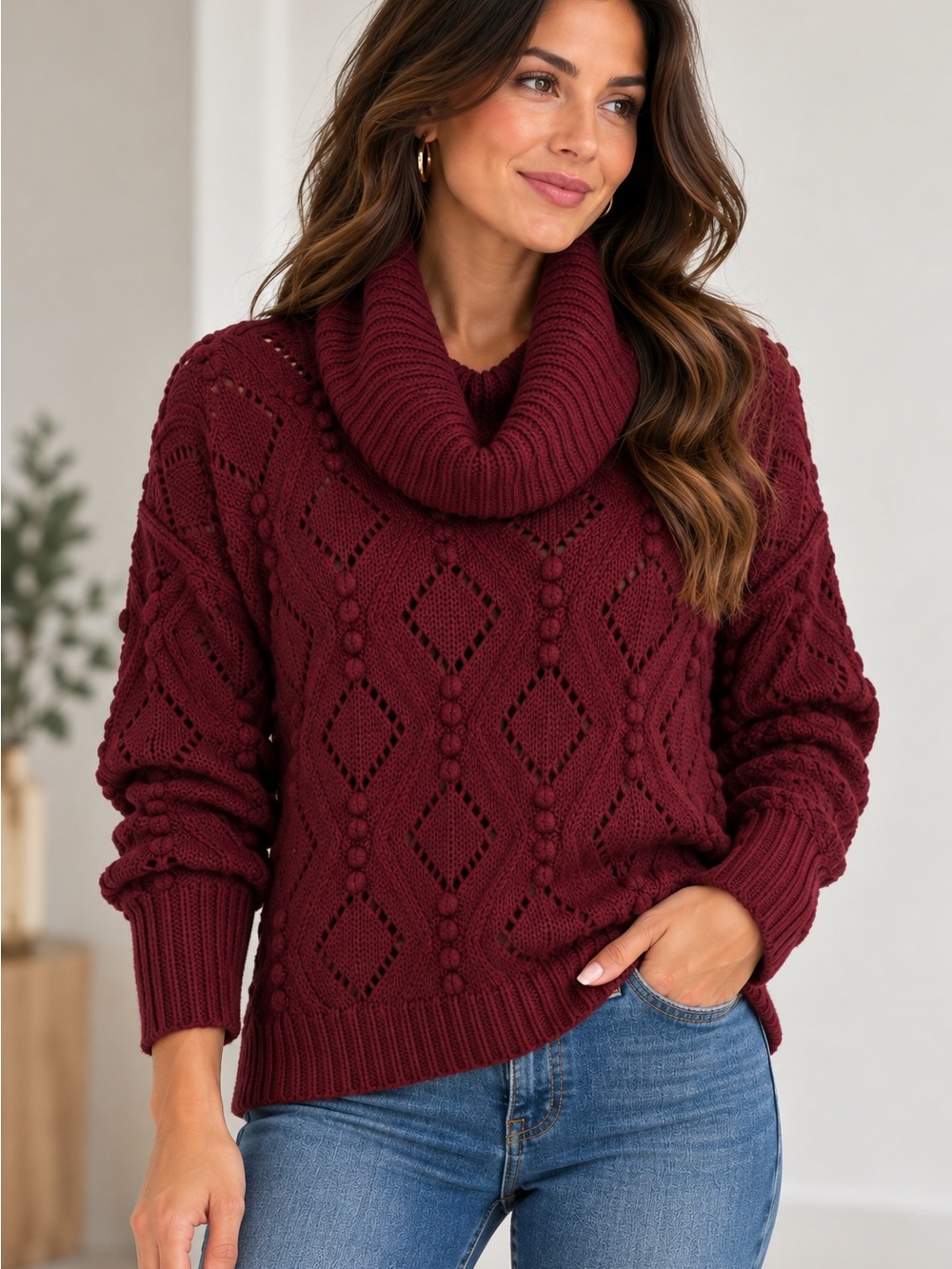 LOFT Burgundy Openwork Cable Cowl Neck Sweater